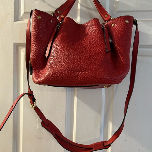 Burberry Handbags - Burberry Red Pebbled Leather Shoulder Tote with Adjustable Strap